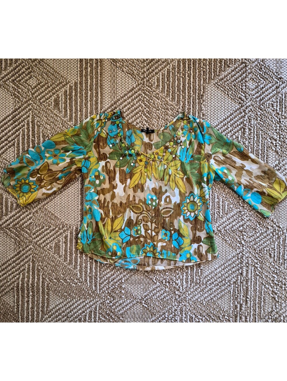 Vintage Y2K Earthy Boho Fairycore Beaded Sheer Chiffon Watercolor Blouse L